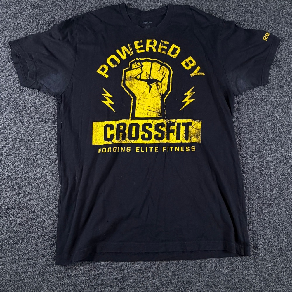 Reebok T-Shirt Mens Large CrossFit Graphic Black Distressed Logo Gym Tee